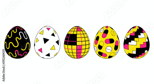 Five creatively decorated eggs showcasing unique geometric and abstract patterns