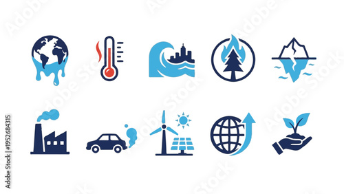 Ecological Problem Icons and Sustainable Energy Symbols for Global Warming Awareness