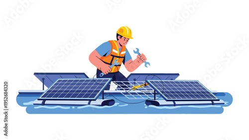 Solar Panel Technician in Action: A skilled technician, equipped with necessary tools, diligently works on solar panel maintenance, highlighting the important role of renewable energy technology.