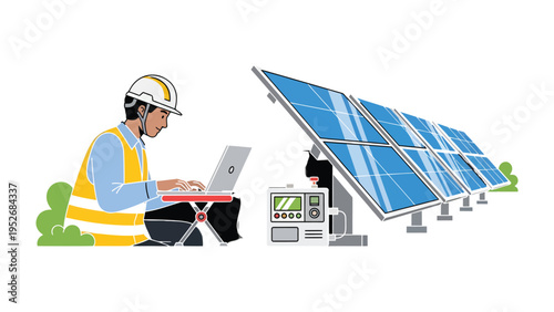 Engineer at Solar Panel: An engineer is meticulously checking the performance of solar panels, showcasing the fusion of technology and sustainable energy solutions. 
