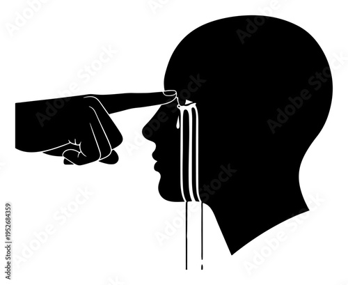 Human profile crying with finger pressing into eye in black and white silhouette style
