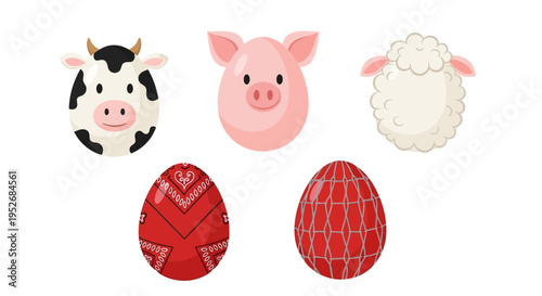 Whimsical farm animal and egg-themed decorative buttons or icons