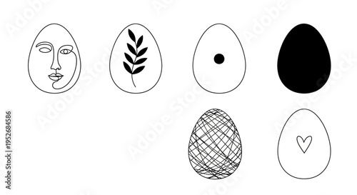 Decorative patterns on stylized eggs with various symbolic designs inside