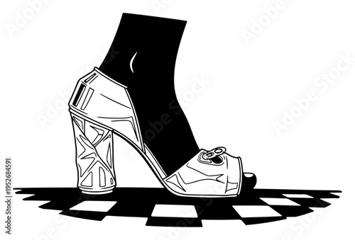 High heel shoe made of crushed recycled soda cans on checkered floor in surreal graphic style