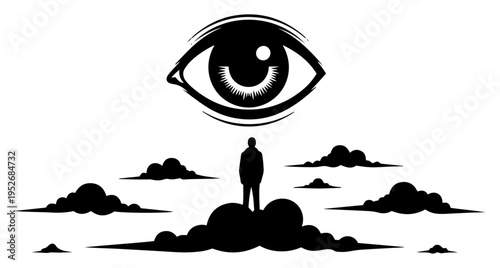 Small human silhouette standing on clouds looking at giant floating eye in surreal conceptual style