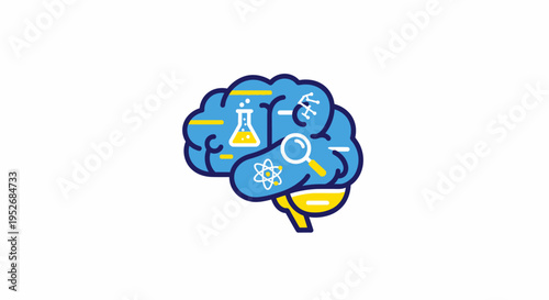 Brain illustration showcasing science, research, and thought processes on a white background