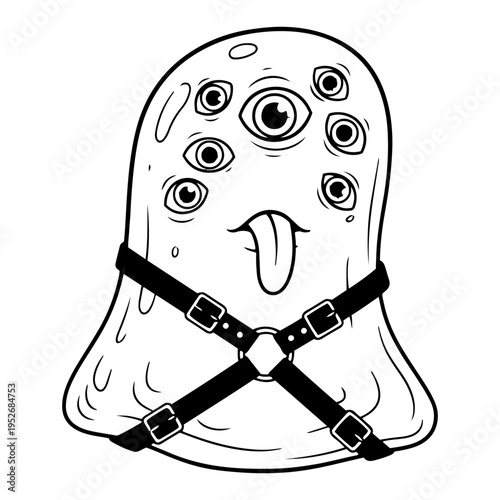 Multi-eyed blob monster with tongue sticking out wearing leather harness in surreal character doodle style