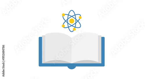 Conceptual illustration of science education, books, and atomic structure on a white background
