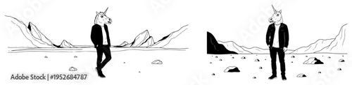 Unicorn head man standing in rocky desert landscape minimalist style