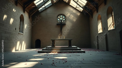 Sunbeams filter through a broken arched window to illuminate an ornate altar and wooden cross in a ruined stone chapel, while red rose petals scatter across the aged flagstone floor, creating a revere