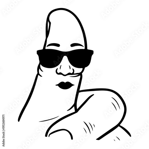 Banana character with human face and sunglasses in humorous minimalist style