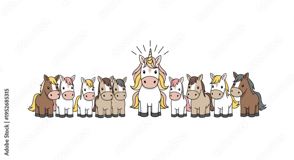 Fototapeta premium Standing out from the crowd concept features a line of ordinary brown and white horses with a magical unicorn in the center.