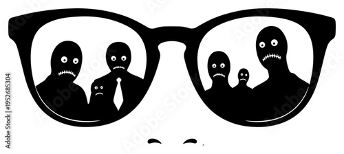 Eyeglasses reflecting silhouettes of silent figures with stitched mouths in conceptual style