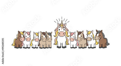 Standing out from the crowd concept features a line of ordinary brown and white horses with a magical unicorn in the center.