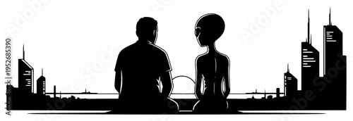 Man and alien sitting together looking at futuristic city skyline at sunset in silhouette style