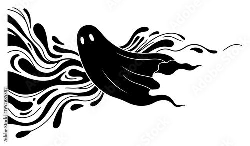 Ghostly figure with flowing liquid trail flying through space in minimalist black and white style