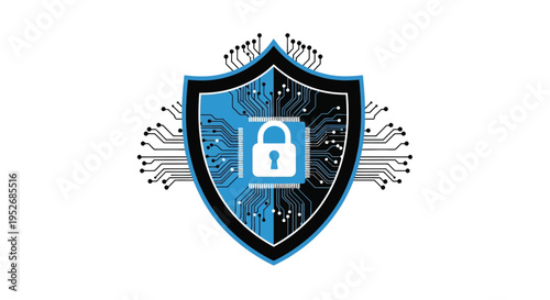 Digital shield with a padlock representing cybersecurity and data protection