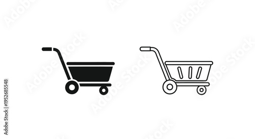 Two black and white line art depictions of a wheelbarrow or handcart