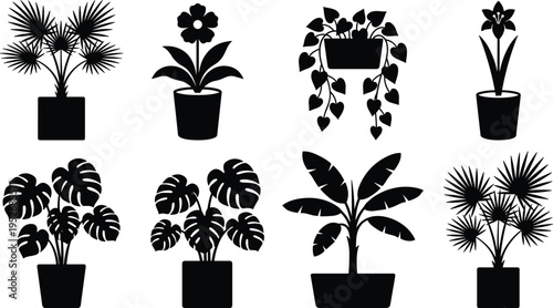 Potted Indoor House Plants Silhouette Vector Collection, Monstera Deliciosa, Palm Tree, Banana Leaf, Floral Potted Greenery Elements for Interior Design Decoration