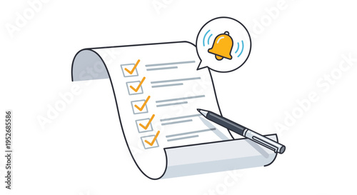 Completed tasks on a long paper scroll are highlighted with golden checkmarks and a ringing notification bell icon.