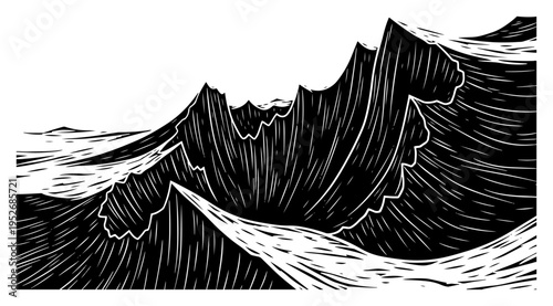Powerful sea waves crashing in woodcut engraving style
