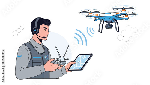 Drone Operator in Action: An individual skillfully pilots a drone, managing the device with a remote and a tablet, showcasing the growing presence of drone technology.