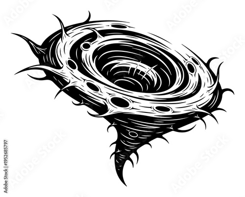 Tornado vortex with sharp spiky edges in surreal graphic ink style