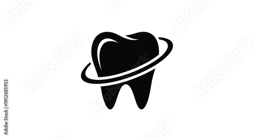 A black tooth illustration encircled by a revolving orbital ring design