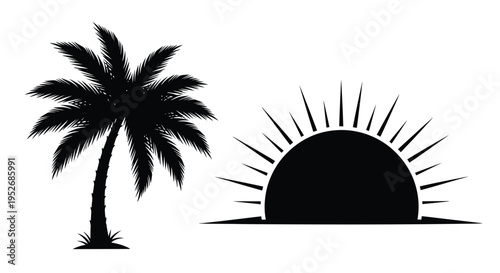 A tropical scene featuring a palm tree and a setting sun silhouette
