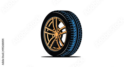 Illustration of a single car tire with an orange rim and blue tread
