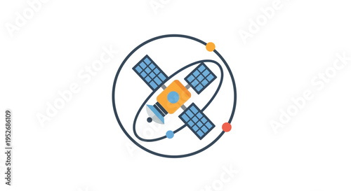 A stylized vector illustration of a satellite in orbit within a circular frame