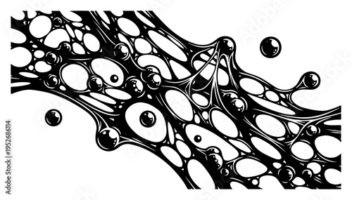 Organic sticky web structure with fluid droplets and mesh texture