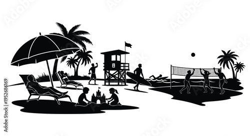 Beach scene depicting volleyball sunbathing and sandcastle building