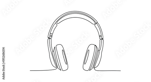 A continuous line drawing depicting a modern pair of over ear headphones