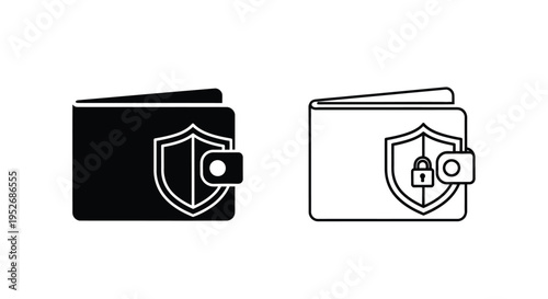 Two wallet icons one filled one outlined both featuring a shield and lock