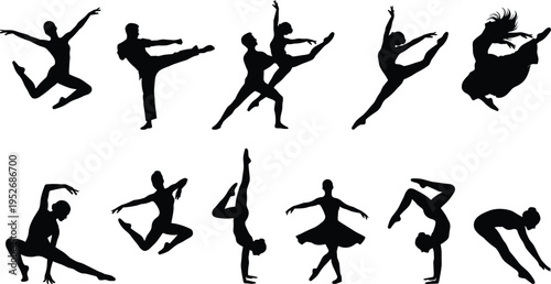 Set of dancing and gymnastics silhouettes, ballet dancers, martial arts, yoga poses, athletic people vector elements isolated on white background