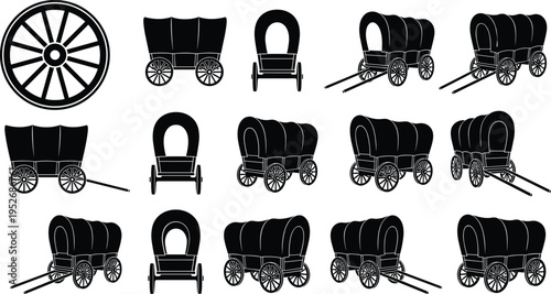 Set of vintage covered wagon silhouettes, wild west pioneer carriage vector elements, old western transportation icons isolated on white background