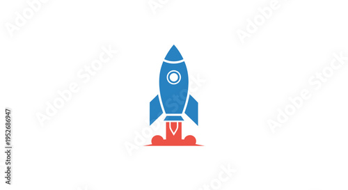 Illustration of a blue rocket taking off against a stark white background