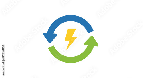 Renewable energy concept with rotating arrows, lightning bolt, and vibrant colors
