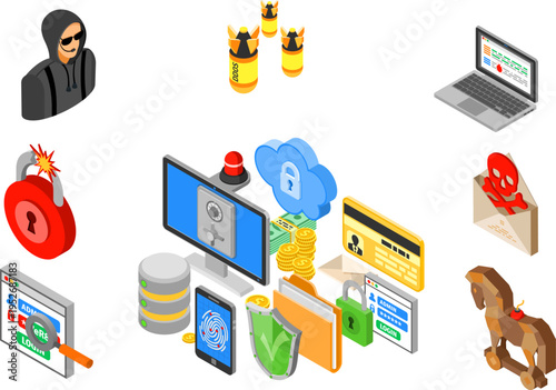 Cyber crime protection isometric concept
