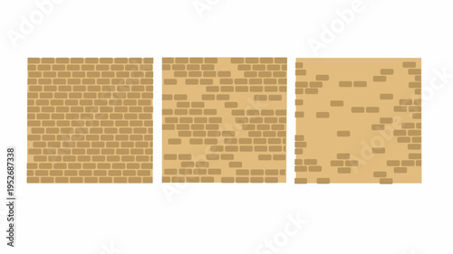 clean flat design cartoon-style brick wall pattern in warm sandy beige and tan tones with uniform rounded rectangular brick courses and visible mortar lines. Simple repeating masonry brick texture