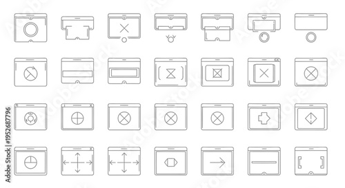 diverse minimal line art icon collection depicting various computer window functions states and ui elements for modern digital design and app development