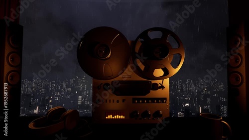 The magic of analog sound on a rainy night. An old reel-to-reel tape recorder slowly spins to the soothing sound of rain outside. 3D animation.