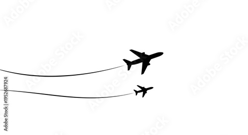 two black silhouette airplanes flying with travel path lines on a white background symbolizing global logistics and air travel