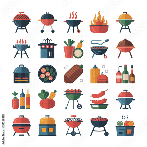 A colorful illustration of various barbecue grills and food items for outdoor cooking