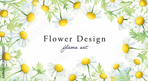 カモミールの水彩フラワーフレーム背景｜白と黄色の花を囲むナチュラルでやさしいボタニカルデザイン素材