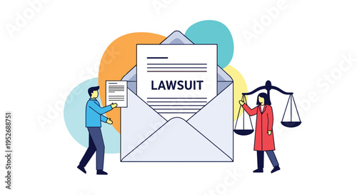 Formal lawsuit notification concept shows legal professionals presenting a document inside a large envelope with justice scales.