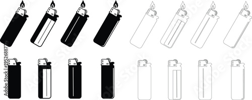 Lighter icons set  flame gas lighter symbols for ignition, smoking accessory, fire starter tool vector silhouettes and outline designs for camping and daily use collection group