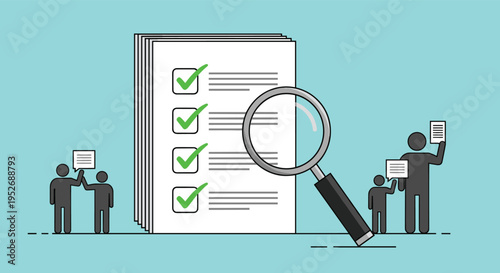 Quality control and audit inspection features multiple people reviewing a large checked document with a magnifying glass.