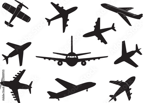 Airplane Silhouette Set, Vector Aircraft Icons for Aviation and Travel Design